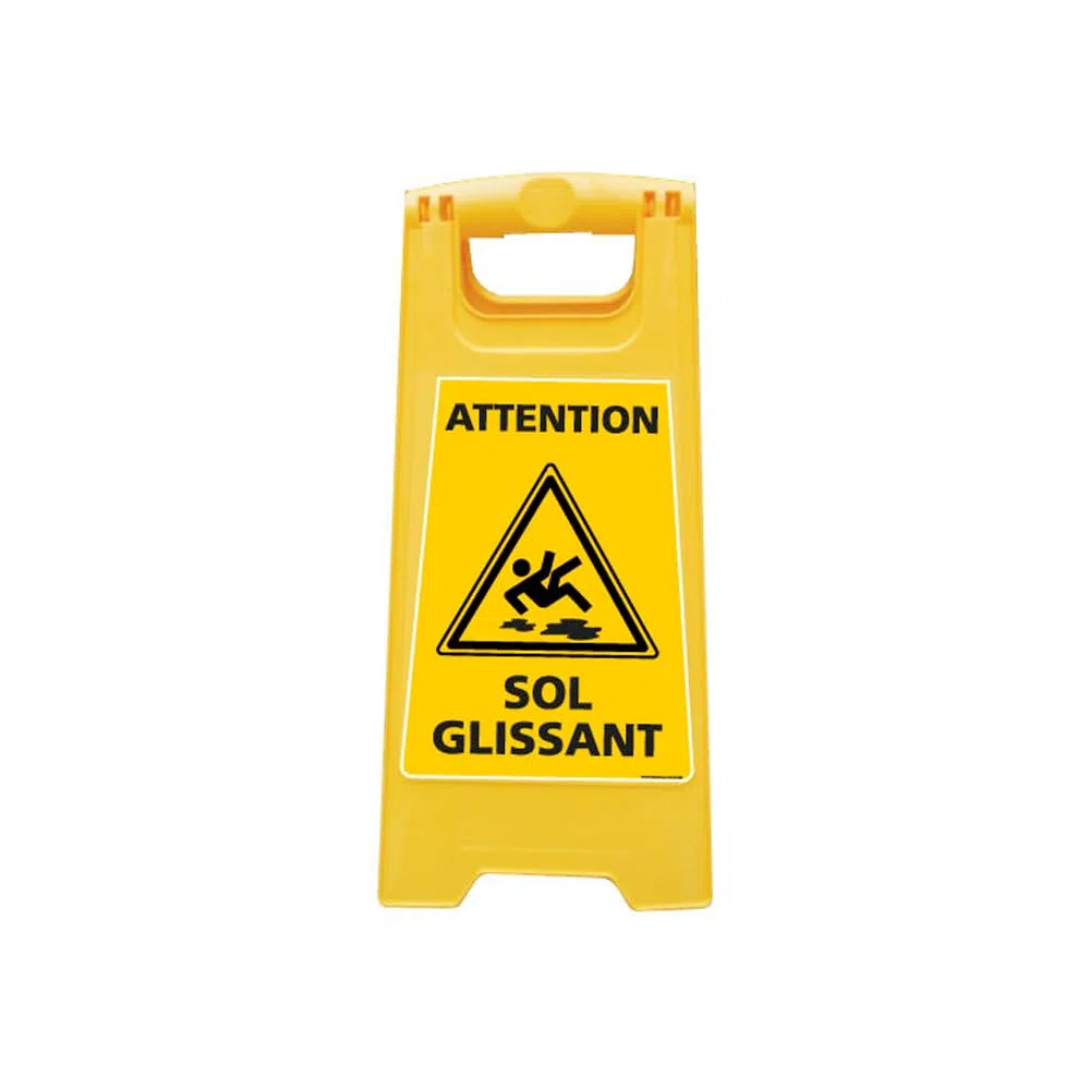 Chevalet ATTENTION SOL GLISSANT (WPSG680I). Balise de signalisation pour surface glissante, de couleur jaune. - Dimensions 600x300 mm