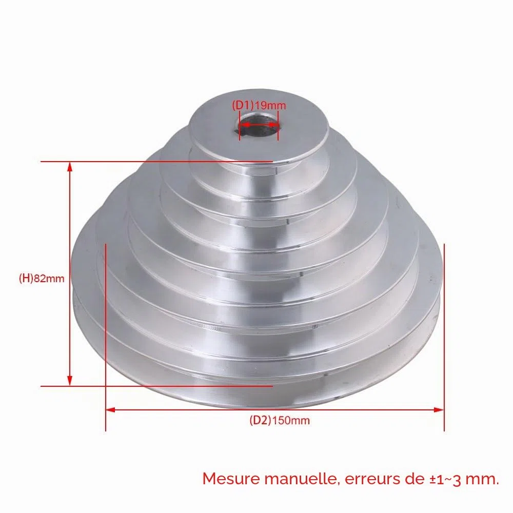 Poulie en aluminium 5 niveaux - 19 mm de diamètre intérieur, 54 à 150 mm de diamètre extérieur, 12,7 mm de largeur - pour courroie de distribution trapézoïdale type A