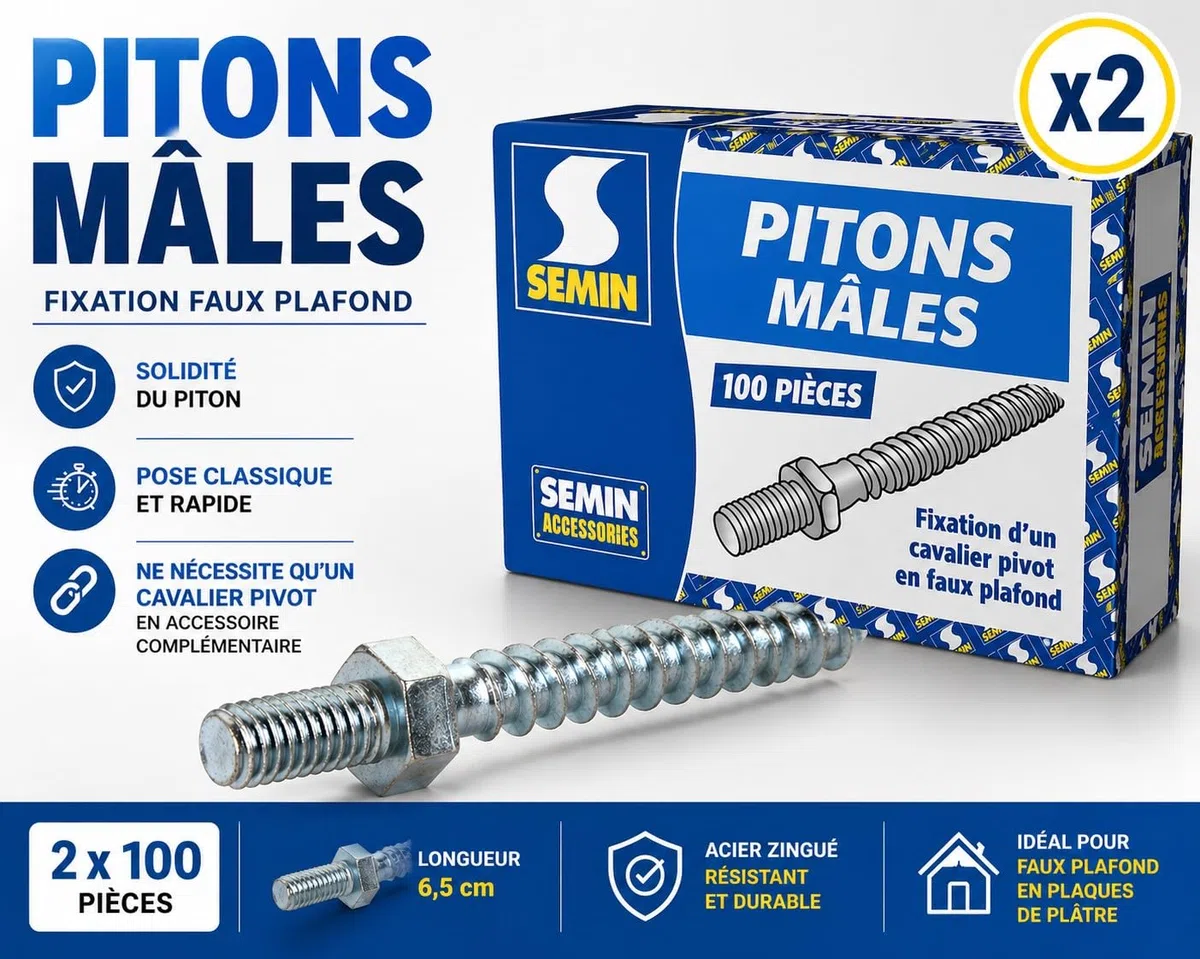 SEMIN Pitons Mâles pour Faux Plafond – 2 Boîtes de 100 – Fixation Cavalier Pivot – Ossature Placo & Fourrures – Pose Rapide et Solide – Rénovation Plafond Intérieur