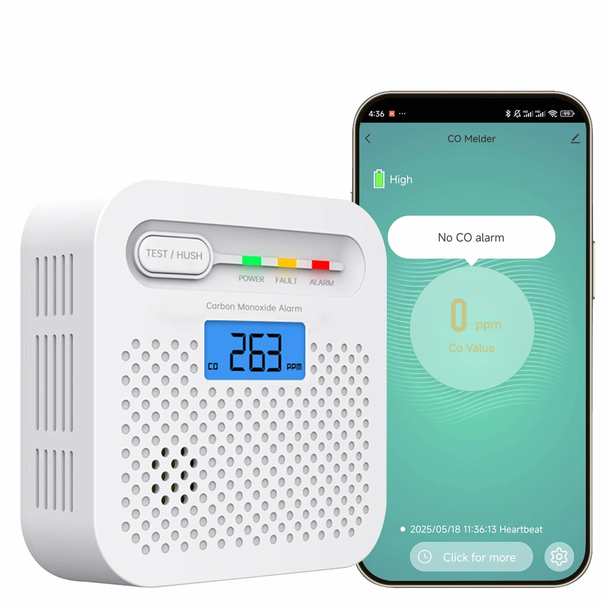 Détecteur de monoxyde de carbone intelligent, alarme de monoxyde de carbone WiFi pour la maison, surveillance à distance par app de détecteur d’alarme CO avec batterie de 10 ans, compatible Alexa.1PCS