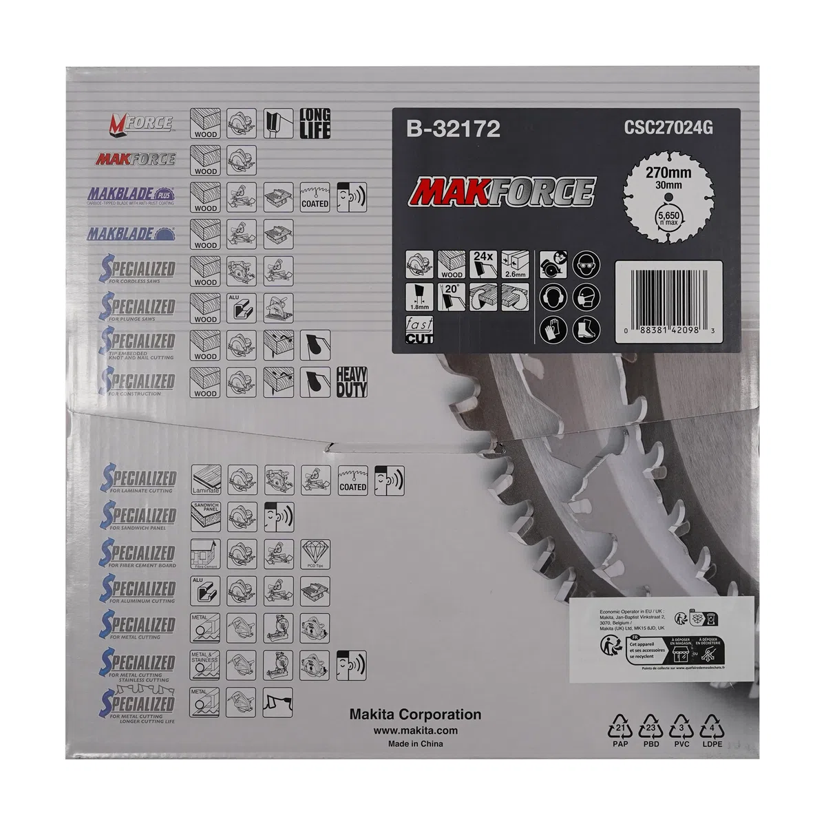 Lame carbure Bois ''MakForce'' scies circulaires Ø270 mm 30x24D - MAKITA B-32172