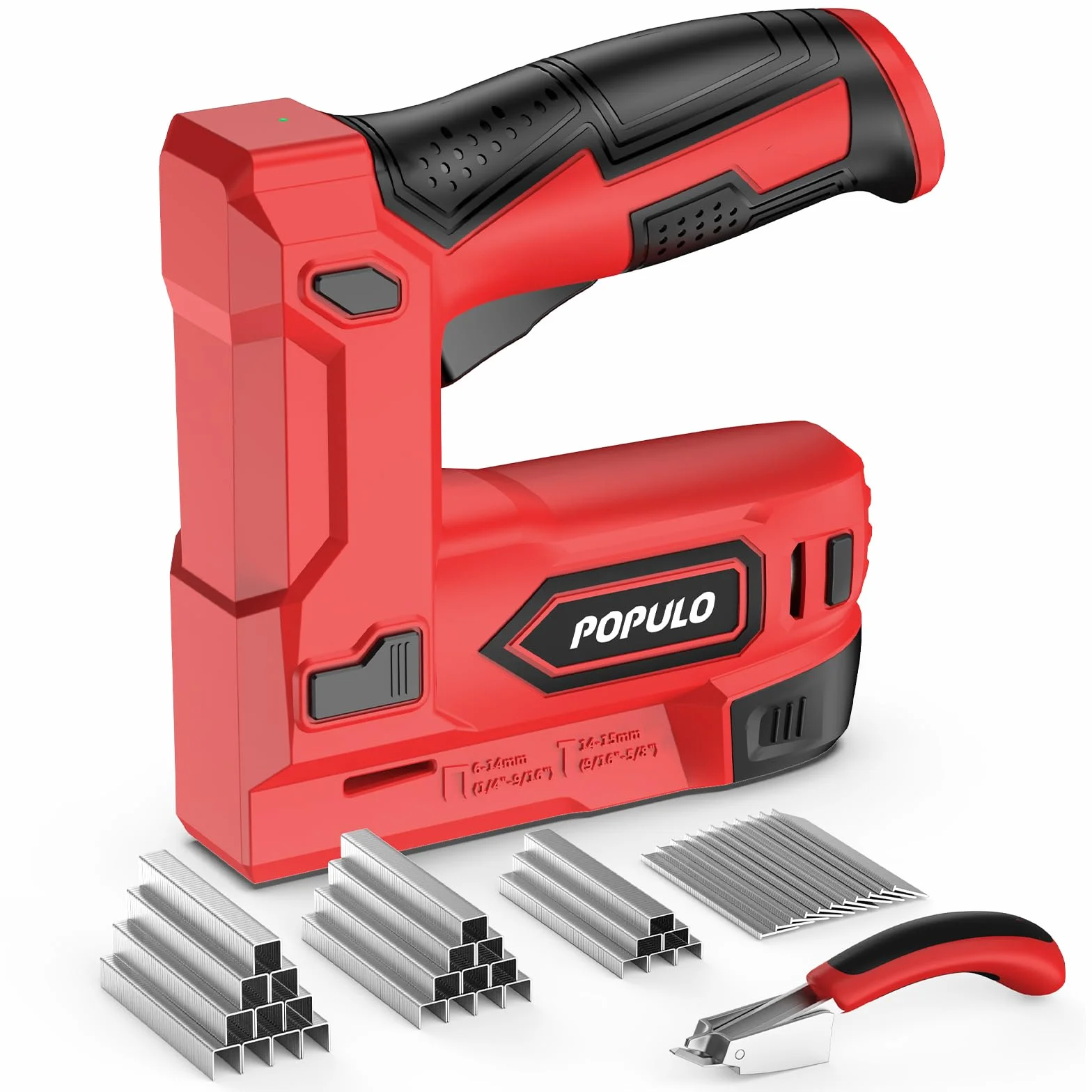 POPULO Agrafeuse électrique 2-en-1 sans fil 4 V lithium-ion avec charge USB-C – inclut arrache-clou, agrafes et clous pour tapisserie, réparation de meubles, moquette et bricolage maison
