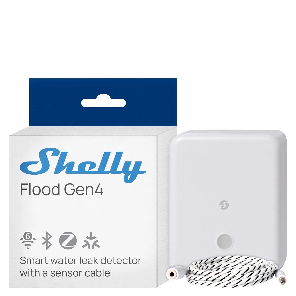 Shelly Flood Gen4 - Capteur de Fuite d'eau connecté Zigbee, Wi-FI, Bluetooth, Matter, avec Câble détecteur 2m, IP44, Alarme sononre, Notification d'app, Compatible Apple Homekit, Alexa, Google