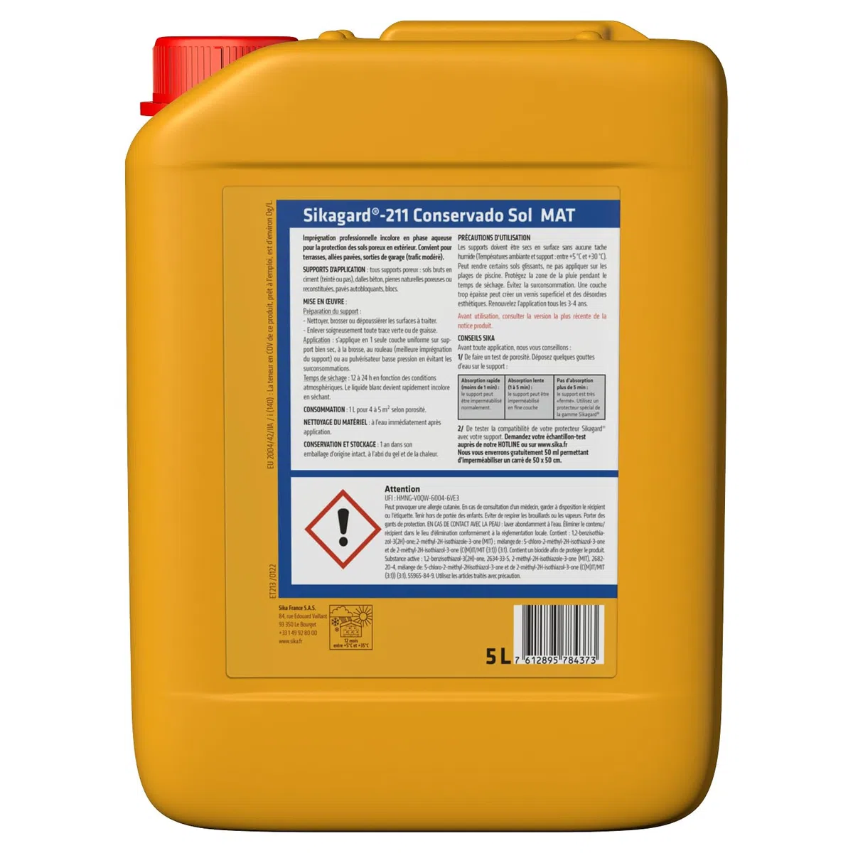 SIKA - Protection Hydrofuge, oléofuge pour sols et durcisseur de surface - Sikagard 211 Conservado Sol Mat - Multisupport - Extérieur - Effet perlant - Prêt à l'emploi -Pour 20 à 25m2-5L