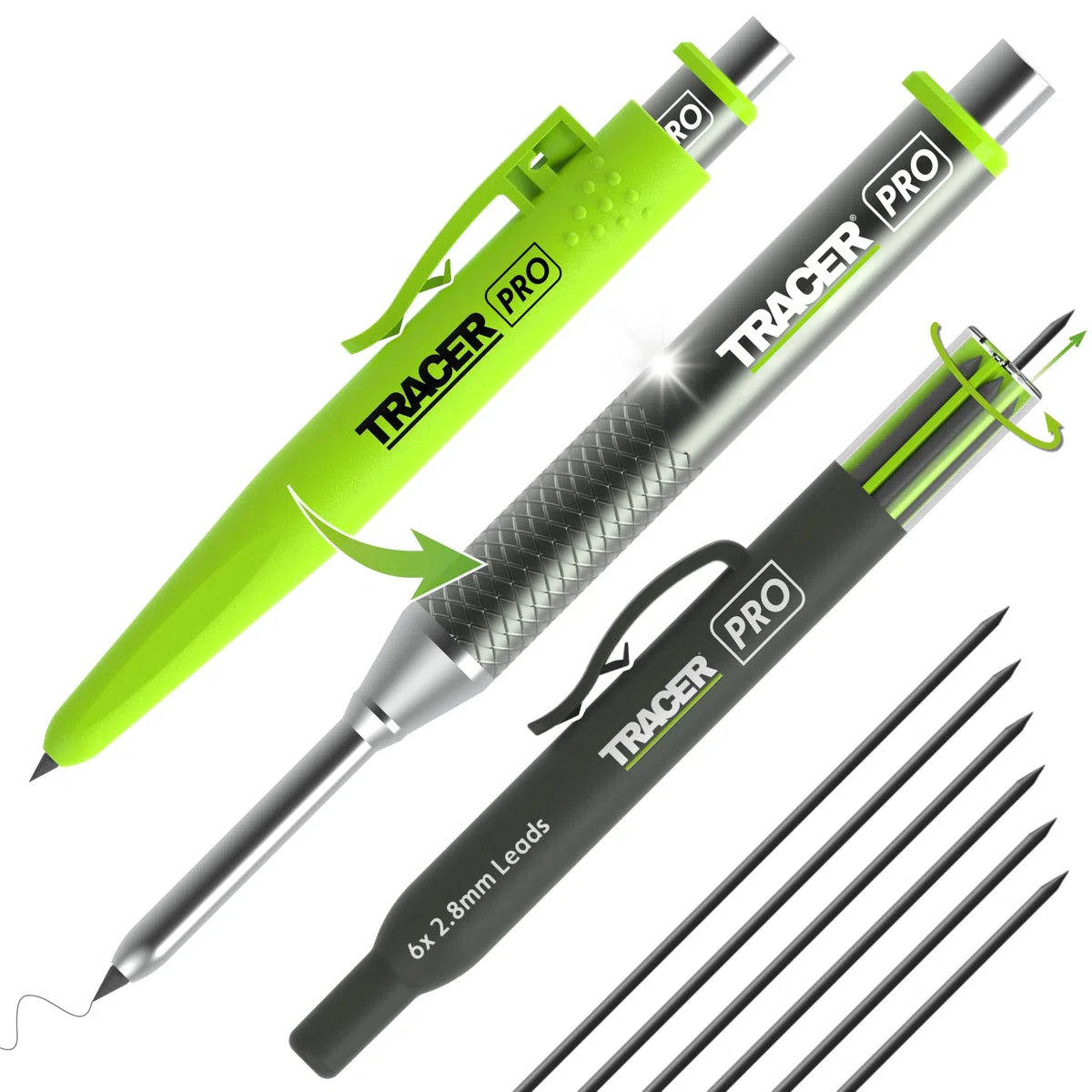 Tracer Pro Series Crayon de construction à trous profonds en aluminium avec 6 paquets de mines de rechange et étuis de chantier