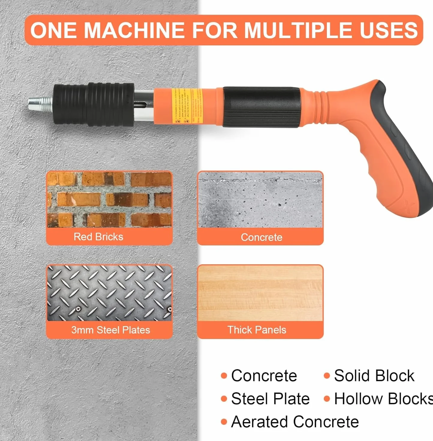 Cloueur Beton, Pistolet à Clous Manuel avec 5 Vitesses,Cloueuse Rivet Gun avec 200 Clous Ronds,Mini pistolet à ongles portable pour murs en ciment, bois, plafond, maison (orange)