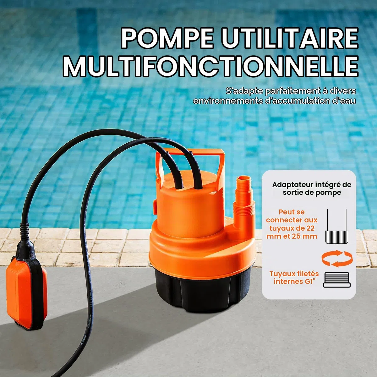 VEVOR Pompe utilitaire, 320 W, pompe à eau submersible portable, 6000 L/H de haut débit, hauteur de levage 7 m, avec cordon d'alimentation 3 m pour drainer l'eau de la piscine, du jardin, du sous-sol