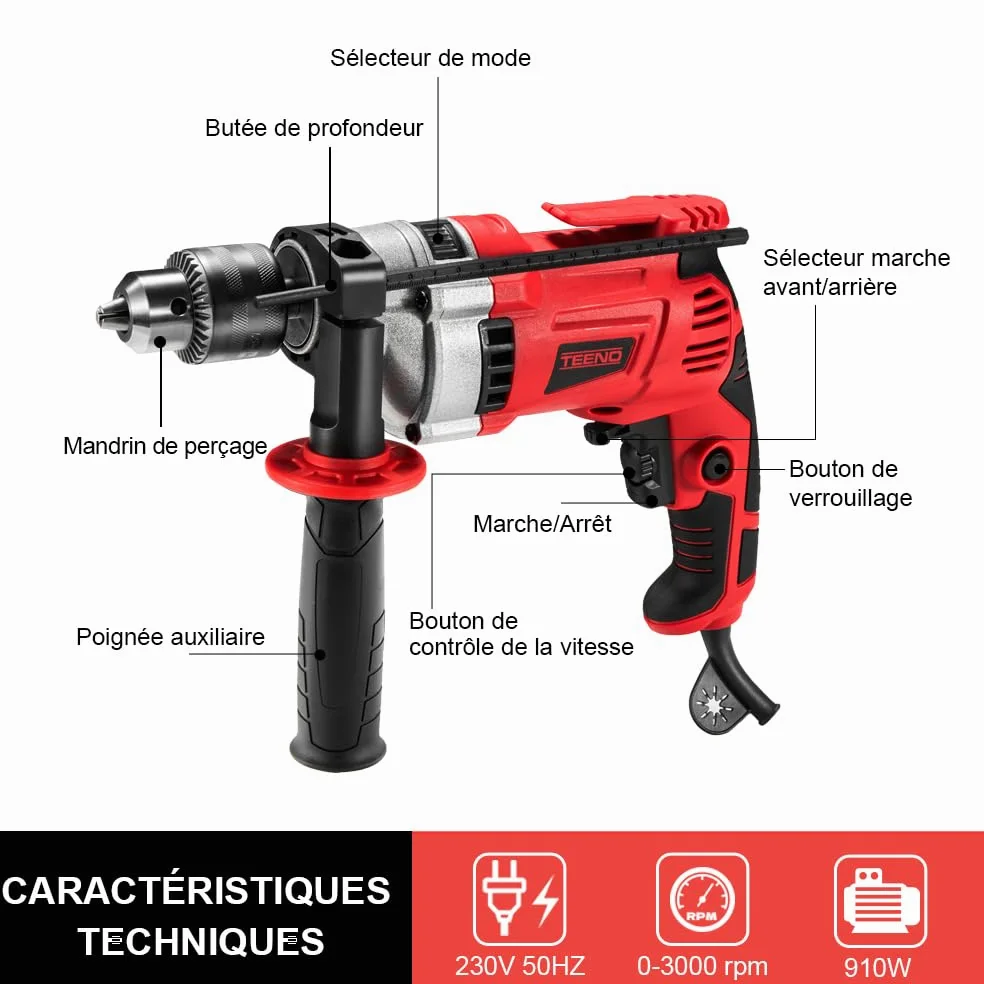 TEENO Perceuse Électrique à Percussion 910W, Perceuse à Percussion électrique 0-3000 RPM, Mandrin 13mm, Vitesse Variable, 37 Pièces Caisse à Outil Complete Tournevis et Pinces,Brique,Bois,Acier