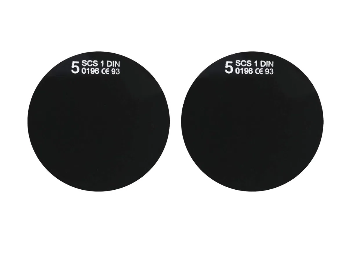 Verres de protection ronds, teintés niveau de protection DIN 11, 50 mm de diamètre, 2 verres de rechange, Conformes à la norme EN 166/169, Réglables
