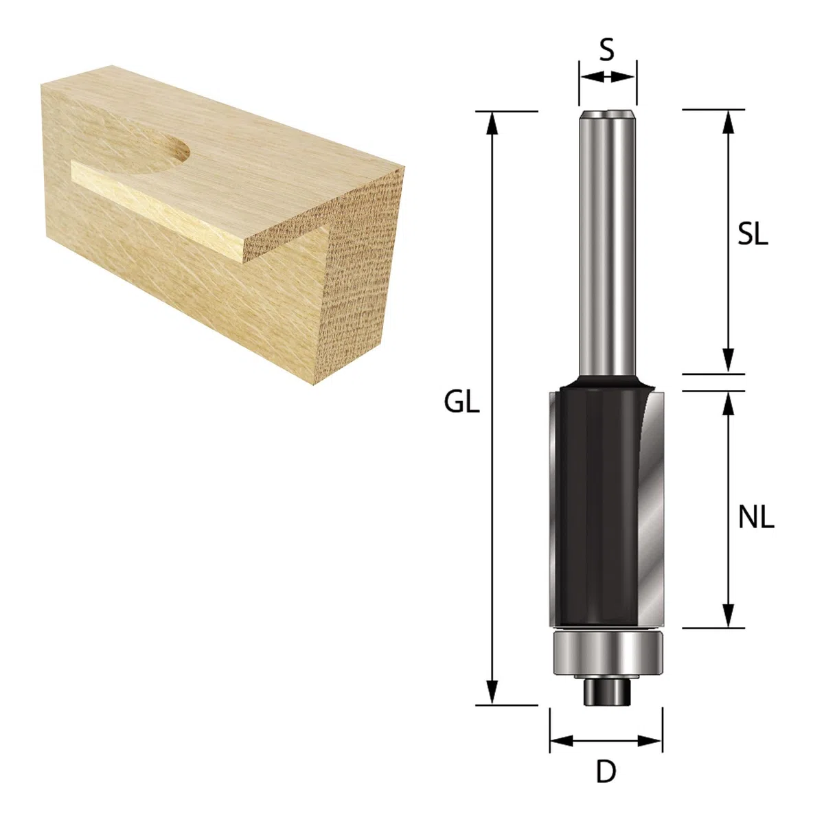 ENT 13579 Fraise à affleurer, Arbre (S) 8 mm, Diamètre (D) 6 mm, NL 19 mm, SL 32 mm, GL 64 mm, en carbure, avec roulement à billes