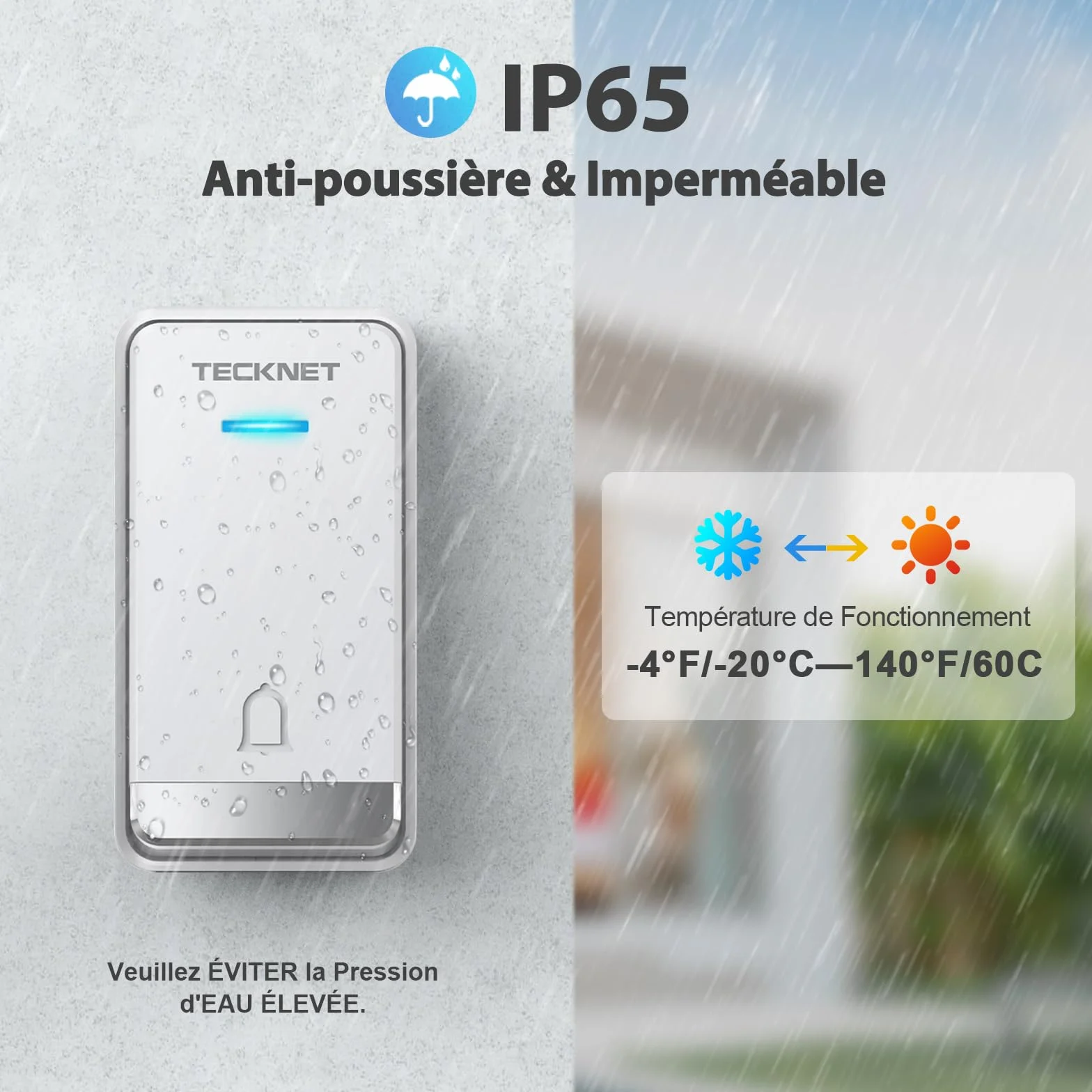 TECKNET Sonnette sans Fil 400 Mètres, Étanche IP65 avec Fonction de Charge et lumière LED Kit de 1 Carillon et 2 Récepteur Enfichables, 60 Mélodies 5 Niveaux Volumes, pour Maison, Bureau, Hôtel