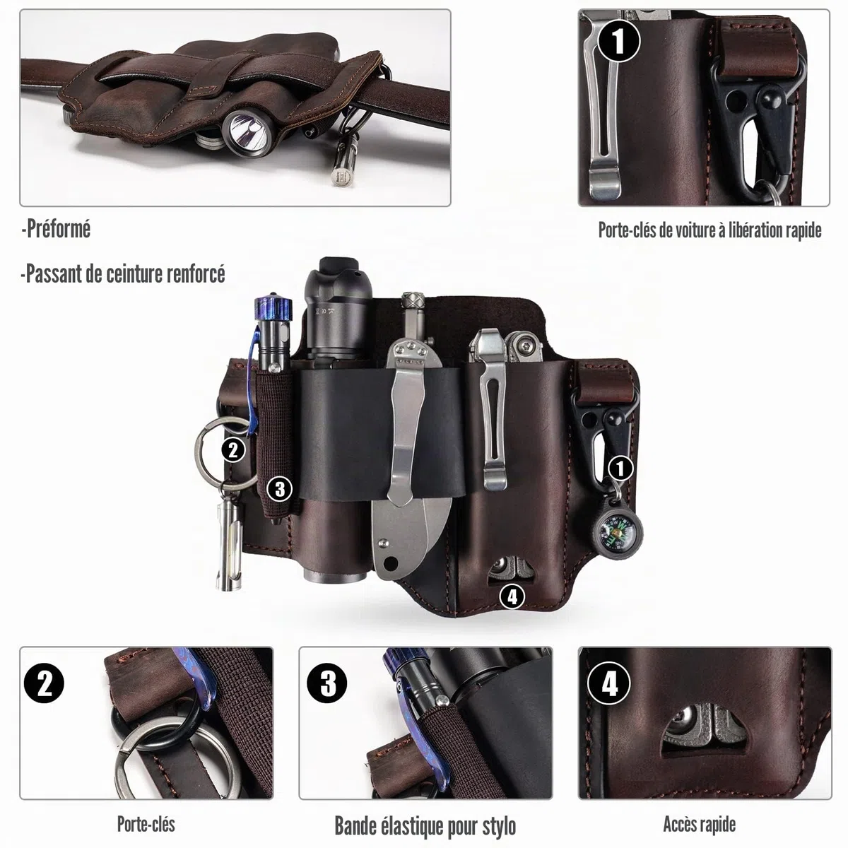 VIPERADE PJ36 - Étui Multi-Outils, étui en Cuir, Organiseur de Poche EDC pour Homme, étui Leatherman, Porte-Lampe de Poche et Porte-Stylo, Organiseur de Ceinture EDC avec Porte-clés