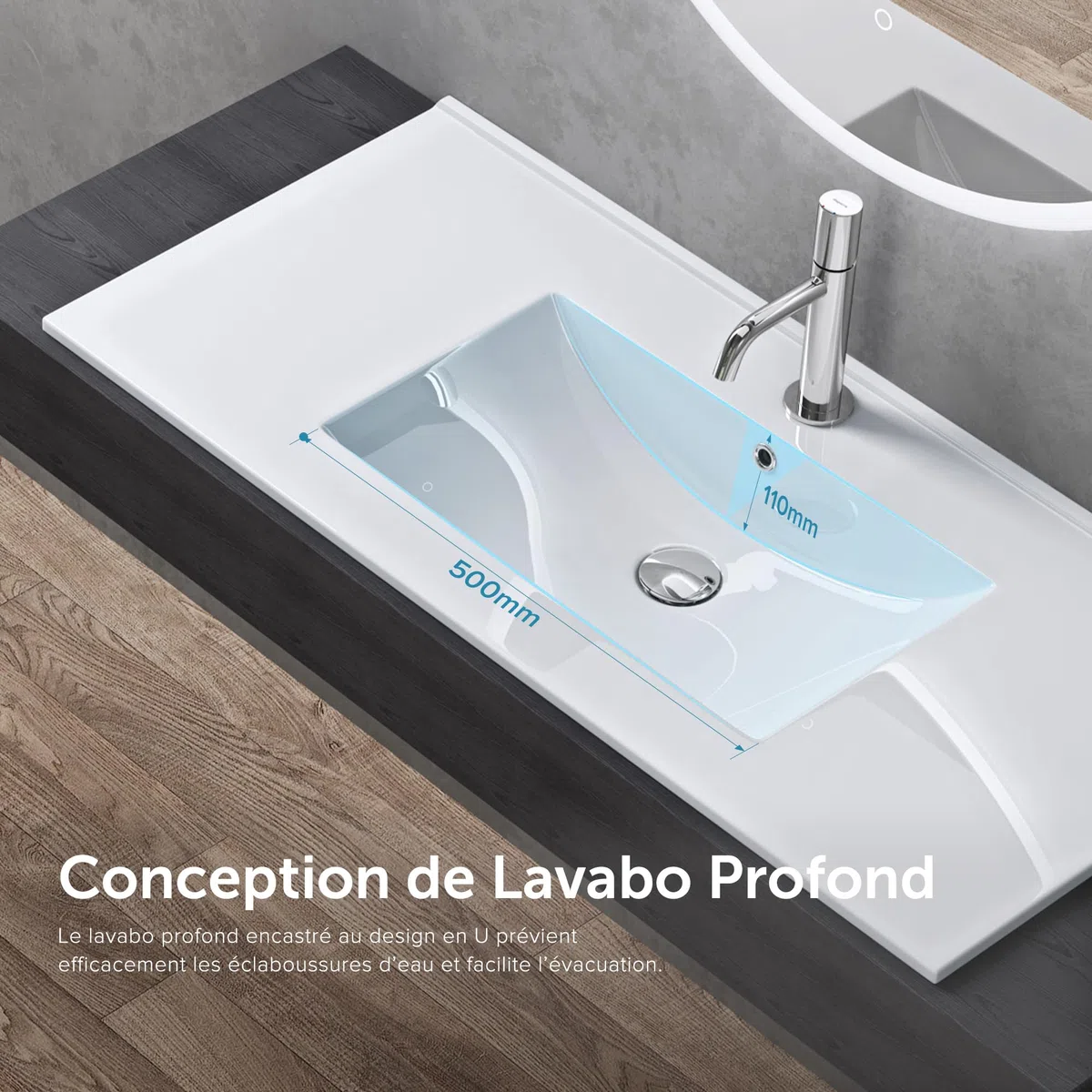 doporro Lavabo à Encastrer Blanc Vasque en Céramique Lave Mains Rectangulaire de Qualité pour Salle de Bain 71x47x18cm Brüssel912