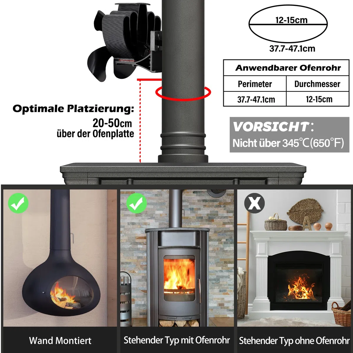 CWLAKON Ventilateur Poele à Bois Magétique, Ventilateur de Cheminée pour Tuyau/Poêle à Gaz - Silencieux Alimenté par Chaleur avec Thermomètre