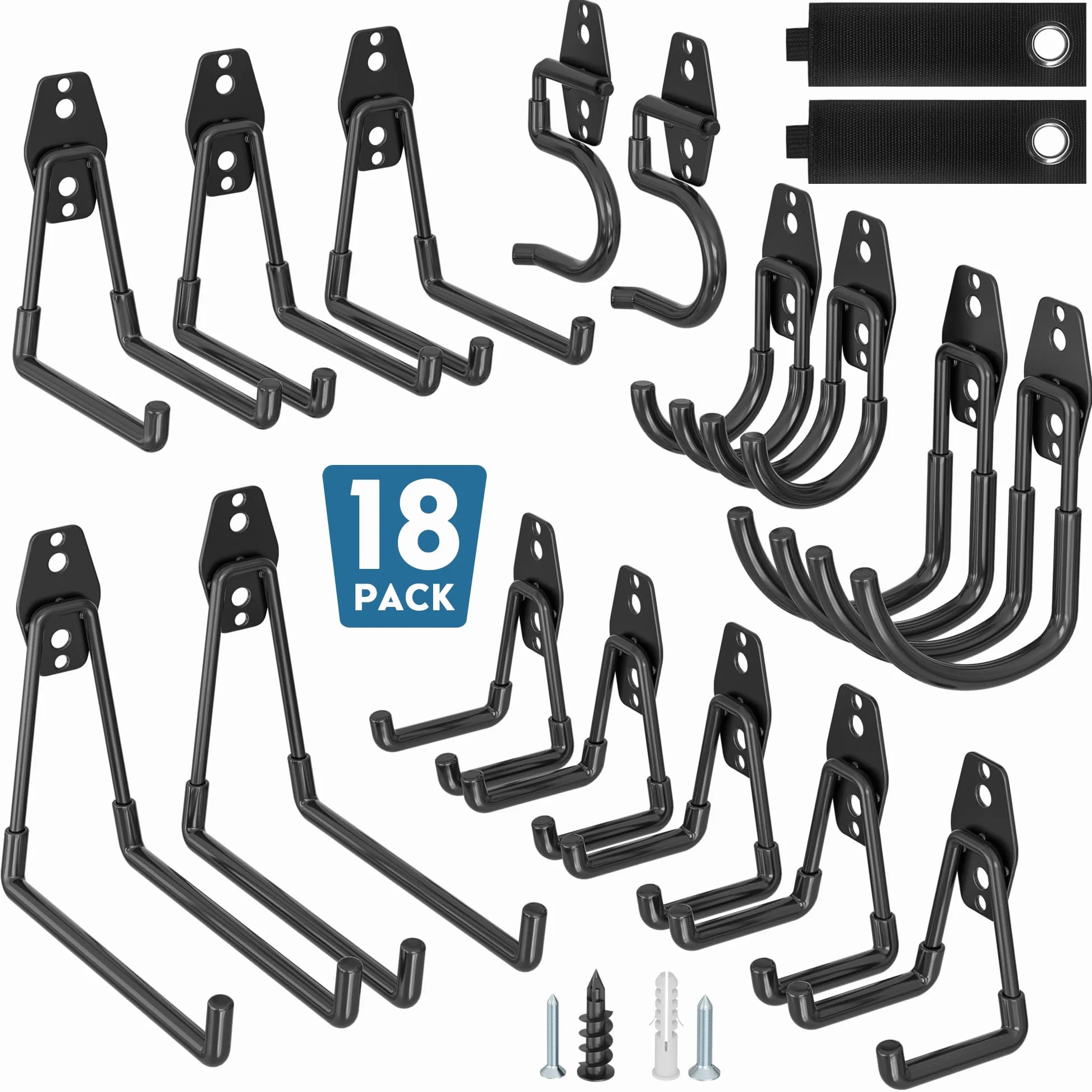BONTEC Crochets Muraux de Garage, Lot de 18, Charge 502 kg, Noir | Acier avec Revêtement Antidérapant, Pour Mur en Bois ou Brique, Rangement pour Vélo et Outils
