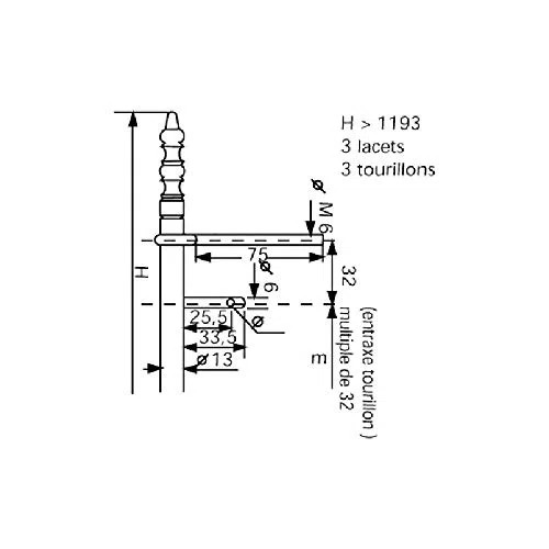 DUBOIS Fiche à Lacets Fer Ø13 Vieux Laiton à tourillons - Entraxe Goujon : 256 - Entraxe Lacets : 320 - Hauteur : 452 mm