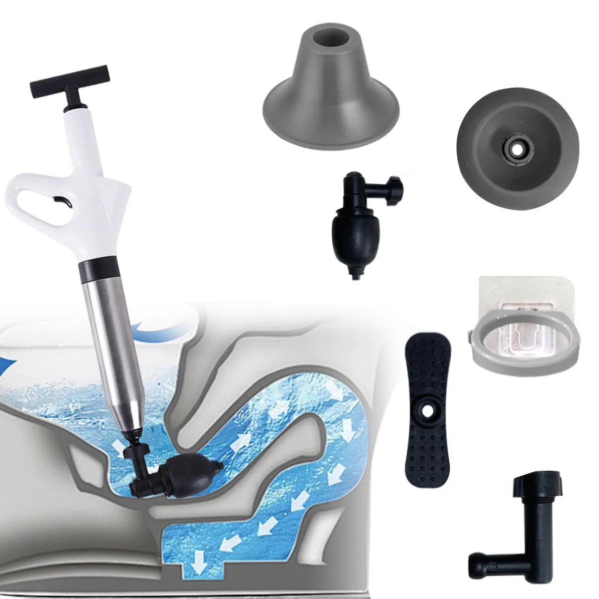 Nettoyeur de tuyaux avec indicateur de pression atmosphérique | 4 ventouses | Déboucheur de tuyaux d'air comprimé pour lavabo, toilettes, salle de bain, douche, cuisine
