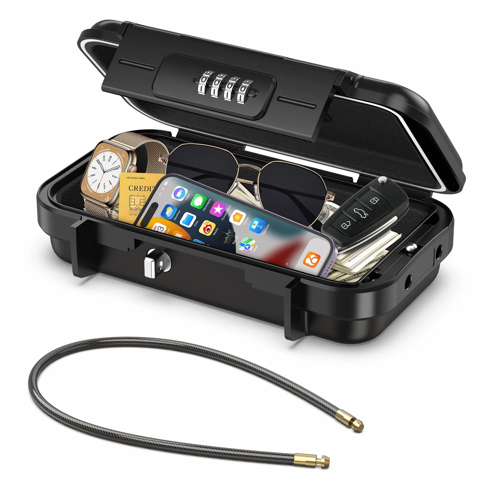 ORIA Coffre-fort Portable à Code, Coffre-fort de Sécurité Étanche avec Câble Métallique Amovible, Coffre-Fort à Clés avec Combinaison, Boîte à Cadenas de Stockage de Clés pour Voyage, Bureau - Noir