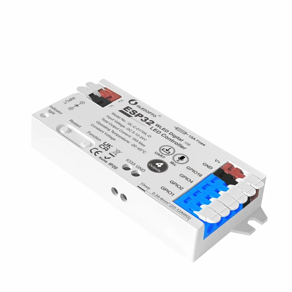 GLEDOPTO Contrôleur LED WiFi 4 Voies ESP32 WLED - Compatible Alexa/Google Home - pour Bandes LED RGB 5-24V - Max 15A - GL-C-017WL-D (1 Pièce)