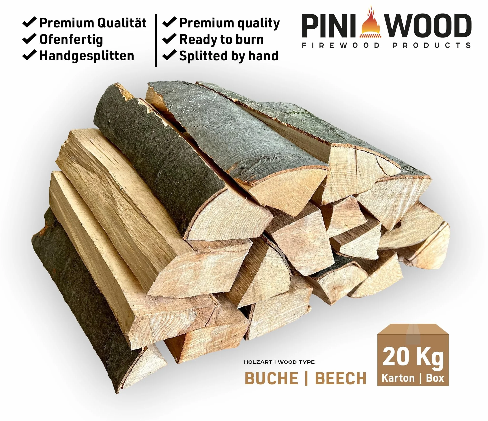 PINI Bois de chauffage en hêtre, prêt à l'emploi, 20 kg, environ 25 cm, pour cheminée, barbecue, brasero, four à pizza, fumoir.