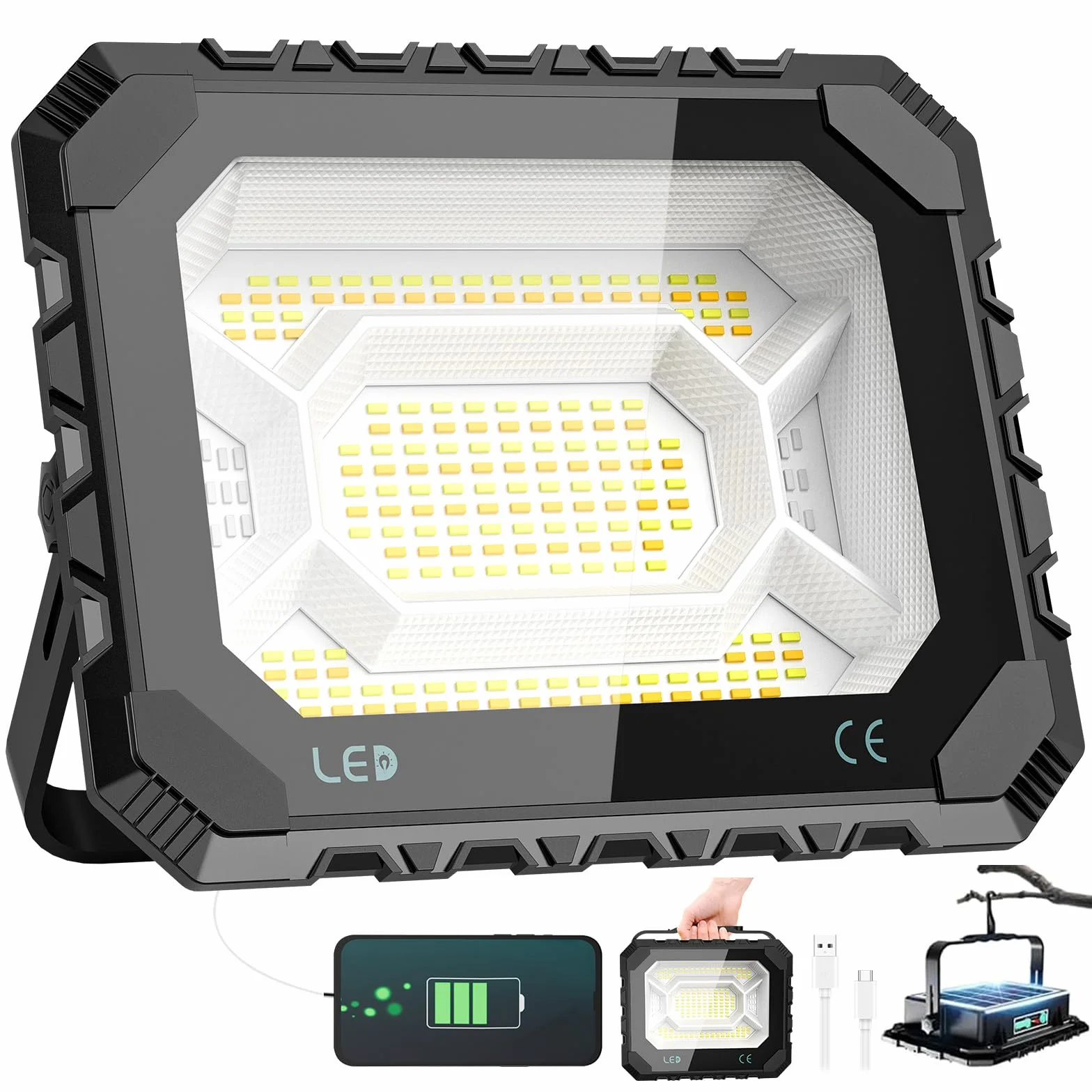 Adewalk Projecteur Chantier LED 150 W, 16000 lm Lampe de Travail Solaire & Batterie Rechargeable 16000 mAh, 5 Modes d'éclairage, Lampe de Camping Portable pour Travail, Pêche, Garage, Atelier