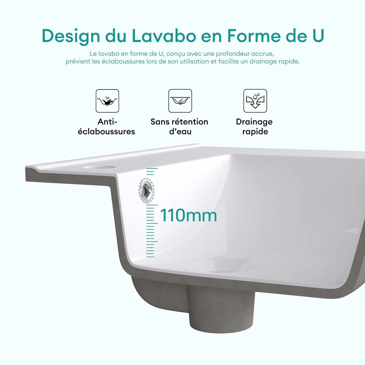 Mai & Mai Lavabo Encastré en Céramique 80cm Blanc Lave Mains Rectangulaire avec Perçage de Robinet et Trop-Plein 81x47x18cm BR912
