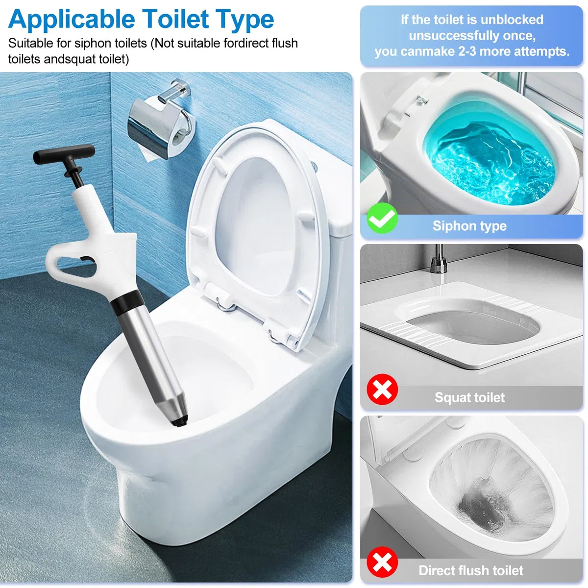 Déboucheur de toilettes très résistant, déboucheur de toilettes, kit de piston haute pression avec 4 têtes remplaçables et semelle intérieure gonflable pour débloquer l'évier de la cuisine
