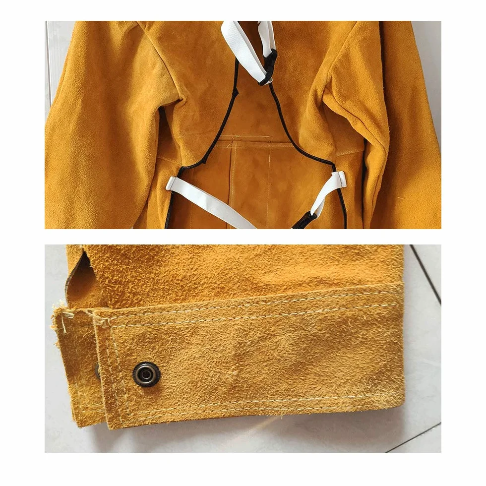 Tablier de soudeur en cuir de vache pour homme et femme, avec manches et col, tablier de protection robuste pour travailleur, atelier, résistant aux étincelles, résistant à la chaleur, 104,1 x