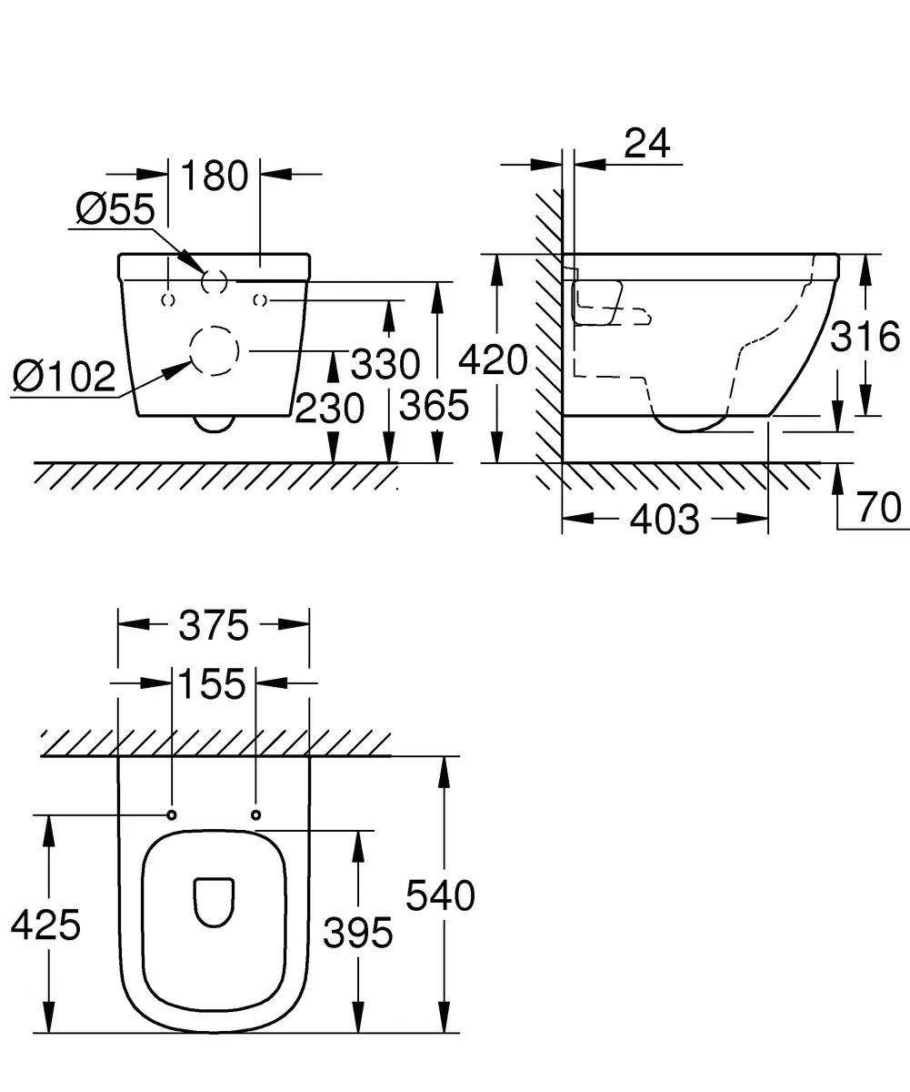 GROHE cuvette suspendue Euro ceramic, sans bride sans rebord, entièrement caréné, volume de chasse 3/5 L, porcelaine vitrifiée, finition blanc alpin, 39538000 (Import Allemagne)