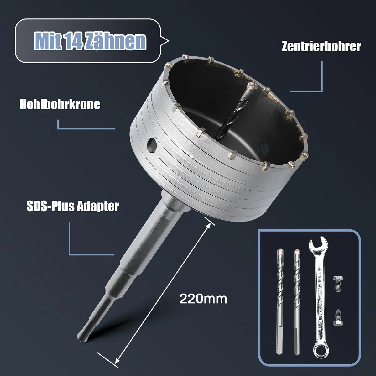 Kit couronne de forage de 125 mm avec adaptateur SDS plus de 220 mm et foret de centrage de 8 x 110 mm, couronne de forage pour maçonnerie et béton