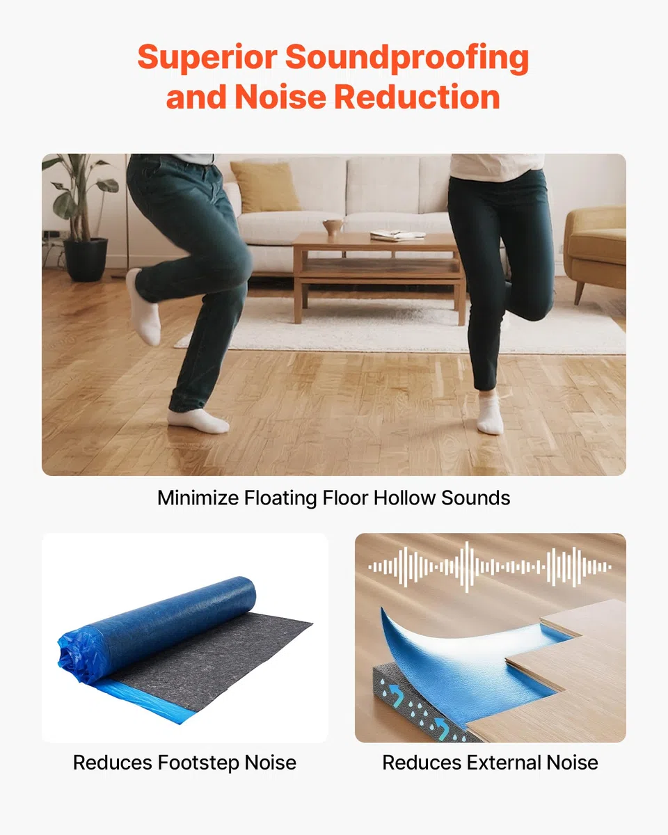 VEVOR Sous Couche Parquet, 9,3 m², Sous-couche Isolante, Épaisseur 3 mm, Fibre Robuste, Film PE Imperméable, Insonorisation Anti-humidité, Protection d'Infiltration, pour Sol Vinyle, Stratifié, Bois