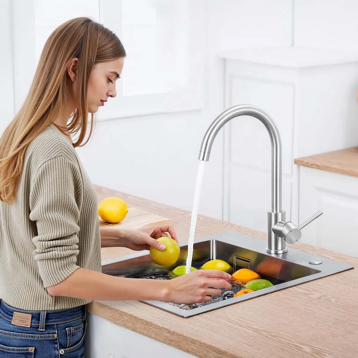 CECIPA Robinet Cuisine, Acier Inoxydable, Résistant à la rouille et aux éclatements, Mitigeur Cuisine Pivotant à 360, Arc Élevé Débit, Brossée