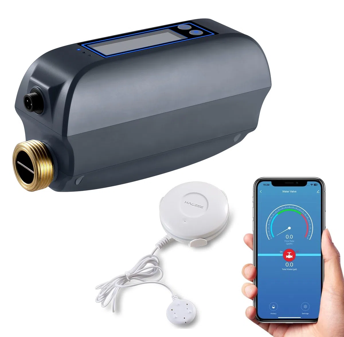 Haozee Valve d'eau Intelligente WiFi et arrêt Automatique, débit d'eau, Batterie Rechargeable intégrée, pour tuyaux DN20 de diamètre 3/4"