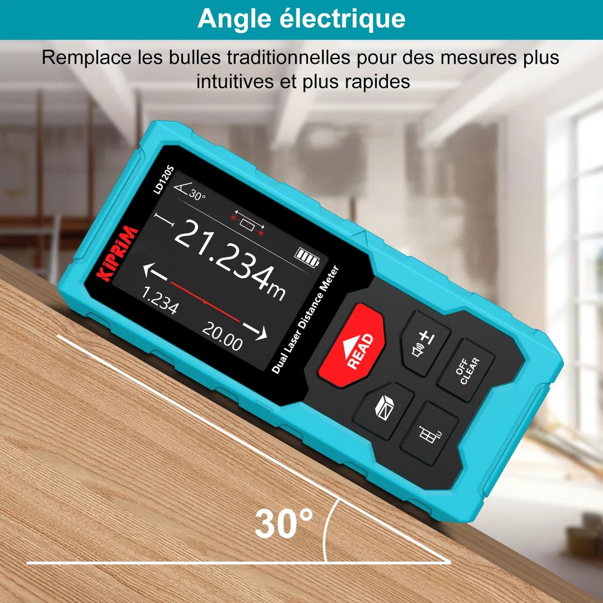 Kiprim LD120S Télémètre Laser Double, 120M de Portée, Niveau électronique, Mesures précises et Fonction Pythagore - pour la Construction, Le Bricolage et la rénovation