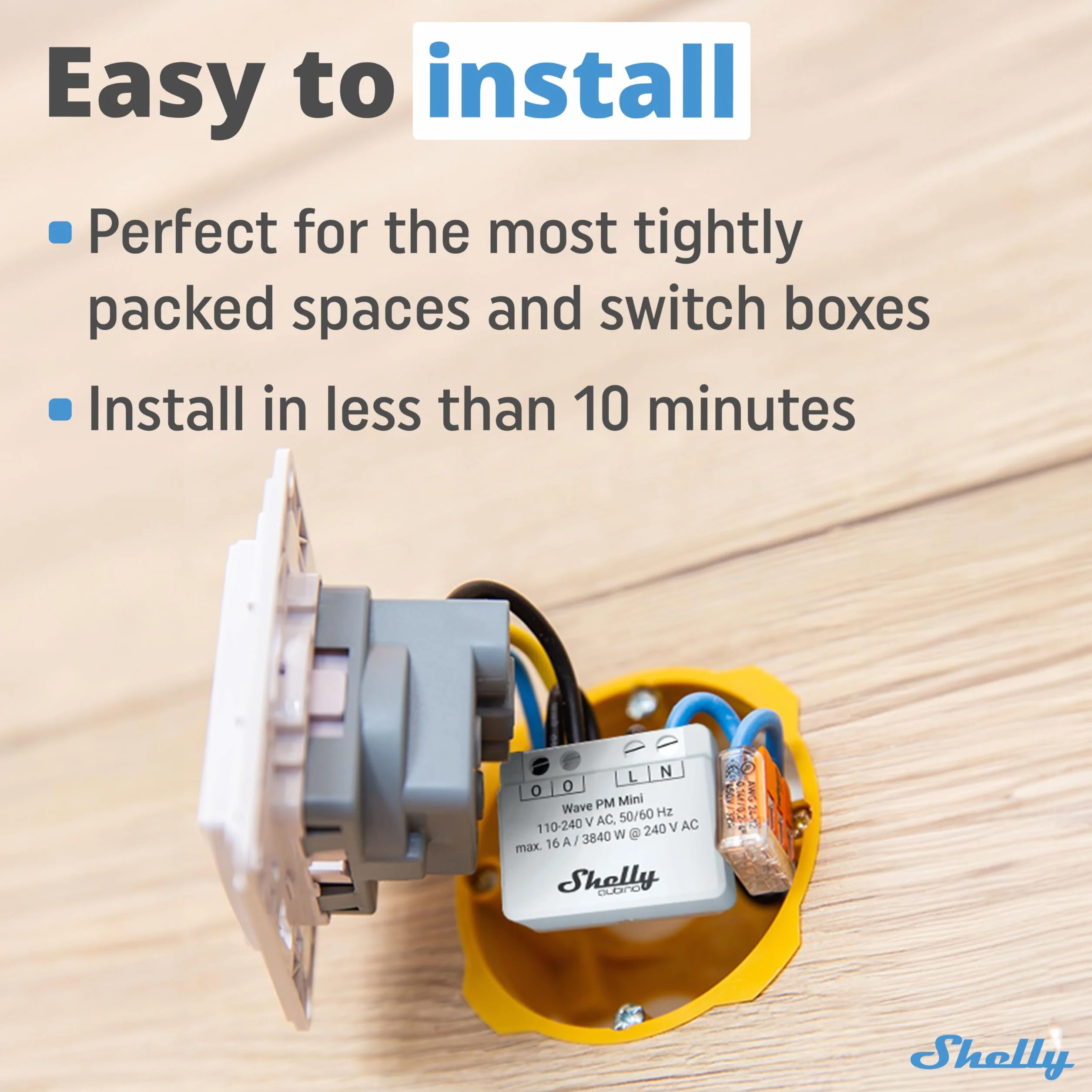 Shelly Wave PM Mini - Compteur d'énergie connecté Z-Wave, 1 canal - 16A 240 V AC, Mesure de consommation à distance par app, Actions URL & Scènes intelligentes, Passerelle Z-Wave requise