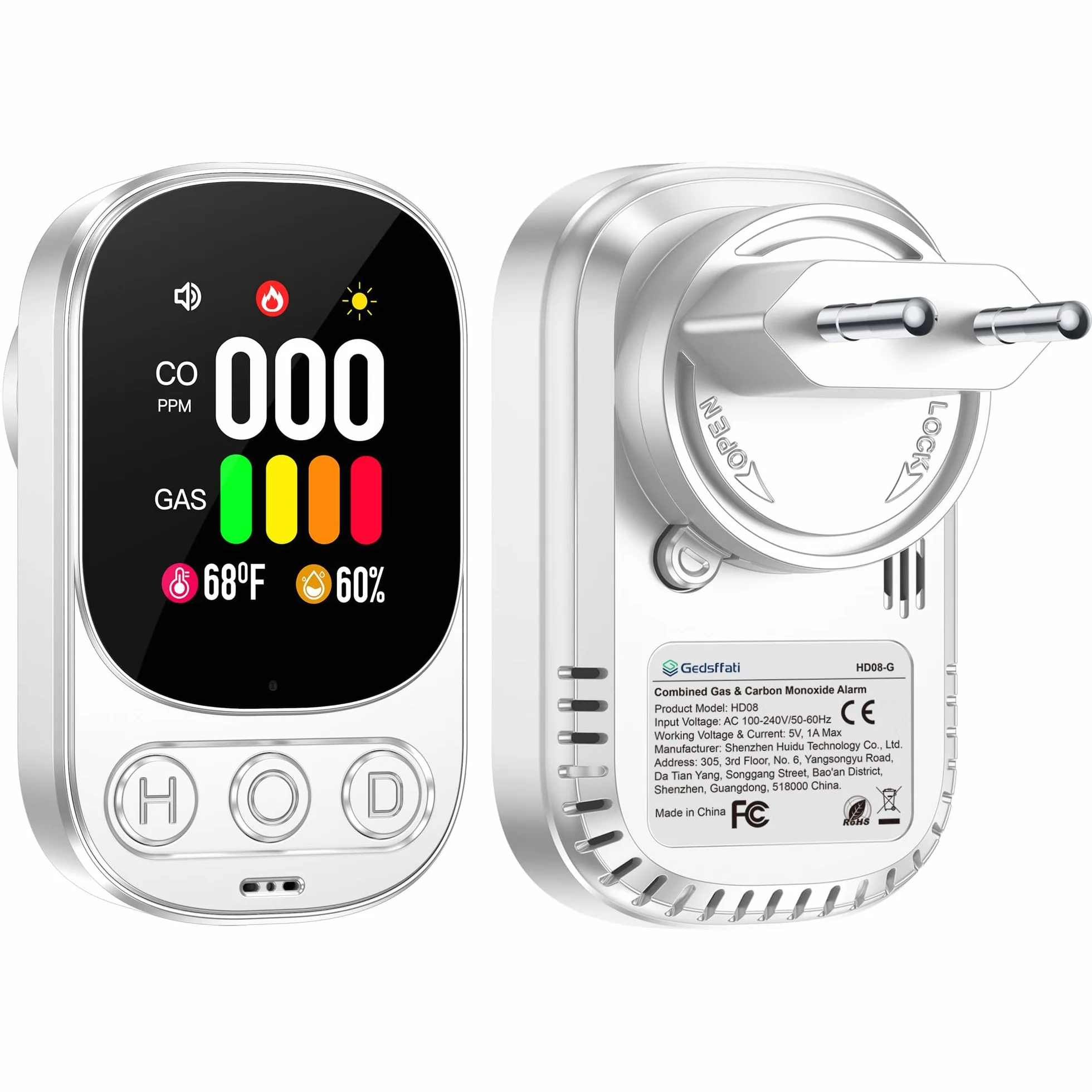 Détecteur de Gaz et Monoxyde de Carbone avec Prise pour Maison, Alarme de CO, Détecteur de Gaz Combustibles pour Gaz Naturel LPG Méthane Propane Butane, Blanc, HD08-G