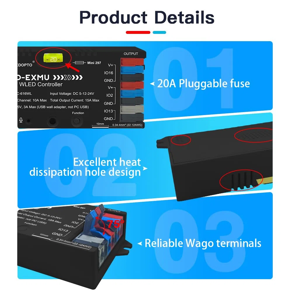 GLEDOPTO Contrôleur ESP32 WLED Elite - Relais, Ethernet, Audio Réactif, Fusible 20A - Pour Bandes LED Adressables Numériques WS2811, WS2812, SK6812, WS2815 (noir)