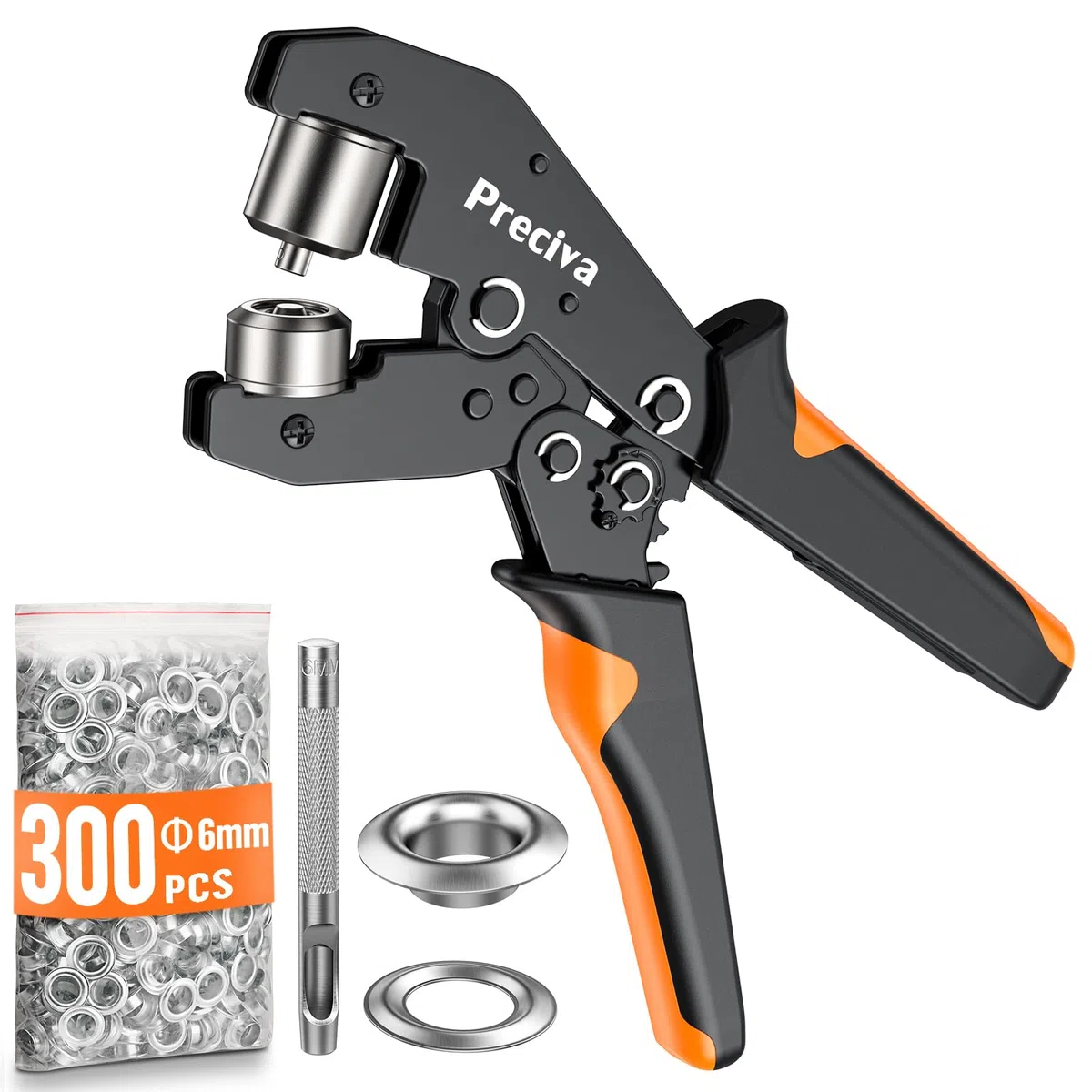 Pince à Oeillets Professionnelle, Preciva 6mm Pinces a Oeillet Magnétique avec 300pcs Œillets Métalliques Kit de Perforatrice Cliquet D'œillets pour Bâches, Affiche, PVC Bannière, Carton