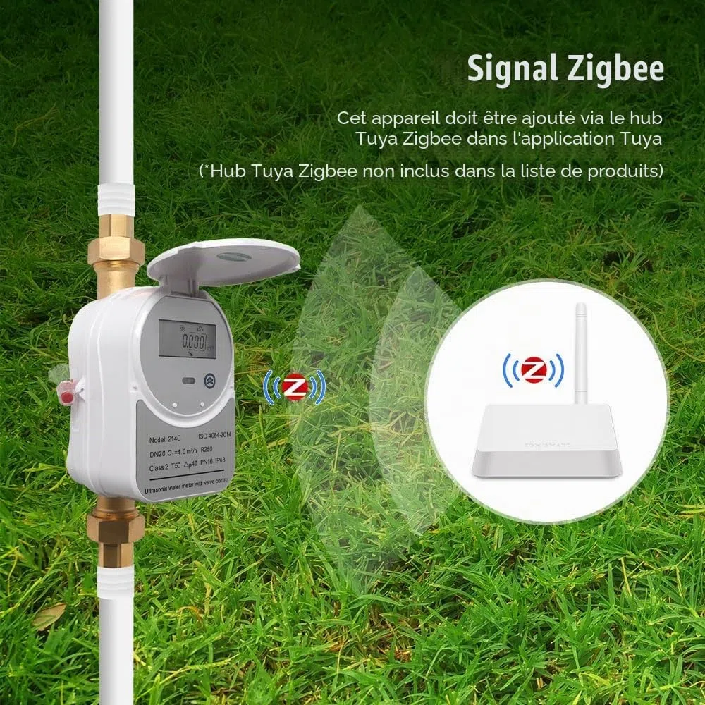 Tuya Zigbee Smart Vanne à ultrasons Contrôlée Jauge D'eau Contrôlée, Affichage de la Date LCD/Seuil Alarmes, Mesure de la quantité d'eau, Consommation d'énergie de Quantité d'eau IP68, besoin de Hub