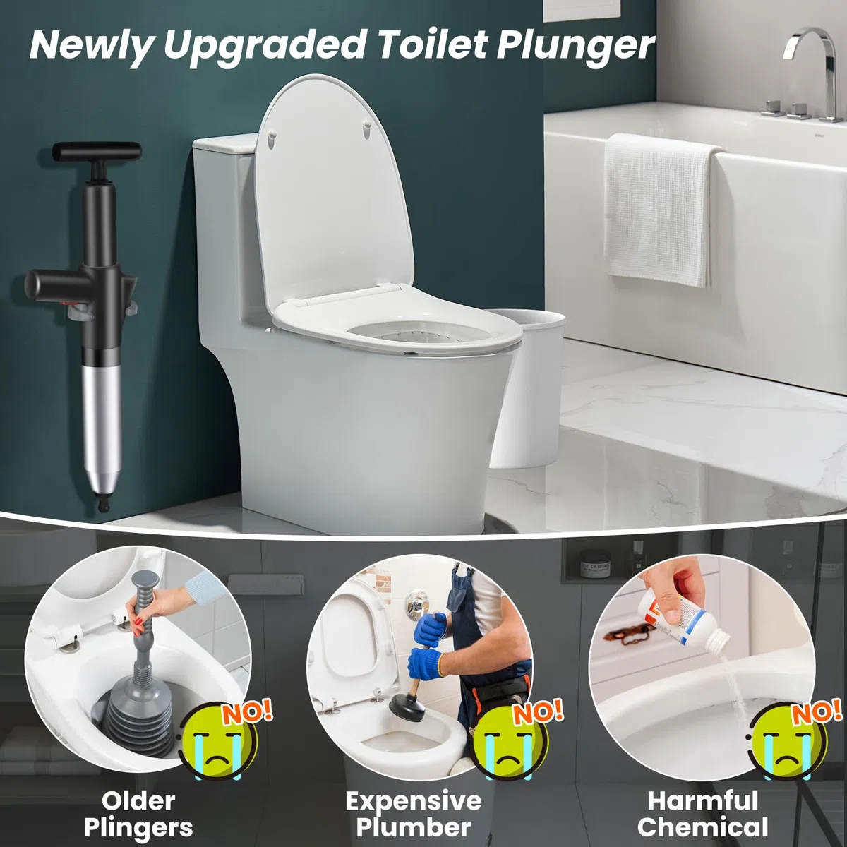 LightingWill Ensemble de déboucheur de toilettes haute pression robuste avec un support et 4 têtes remplaçables, outils de débouchage de toilettes pour déboucher les toilettes, baignoires, douches
