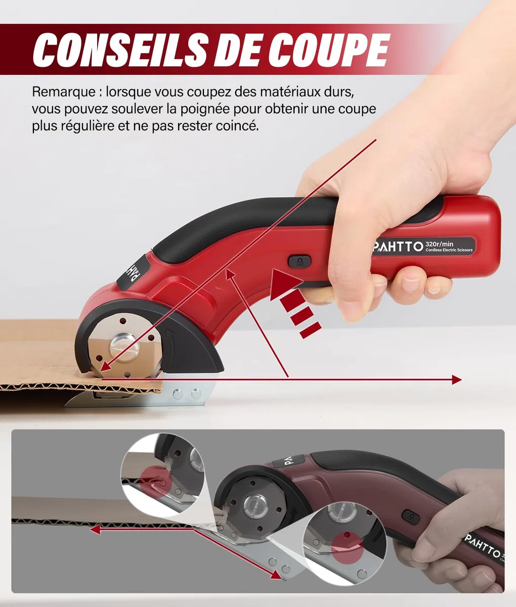 PAHTTO Cisaille électrique Coupe-carton 4 V, 320 tr/min, coupe-rouleau sans fil Coupe-tout universel avec 2 lames auto-affûtantes et chargeur, pour papier, carton, moquette, cuir, tissu (rouge)