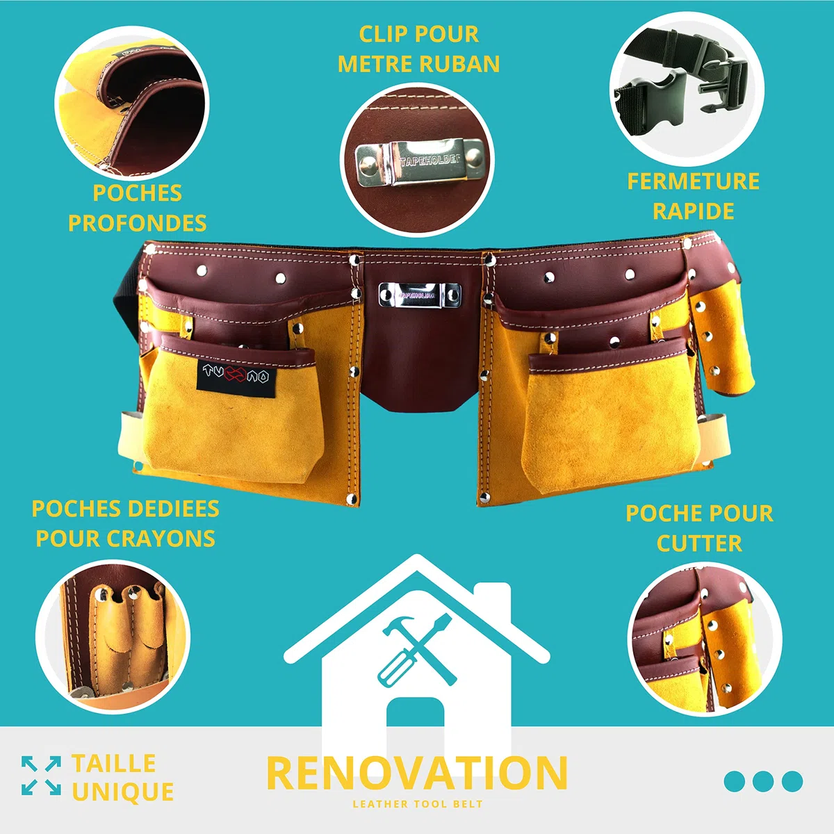 Ceinture porte outils en cuir de qualité avec 11 poches, ceinture ajustable en nylon, cadeau pour fête des pères pour bricoleur(se), charpentier, menuisier