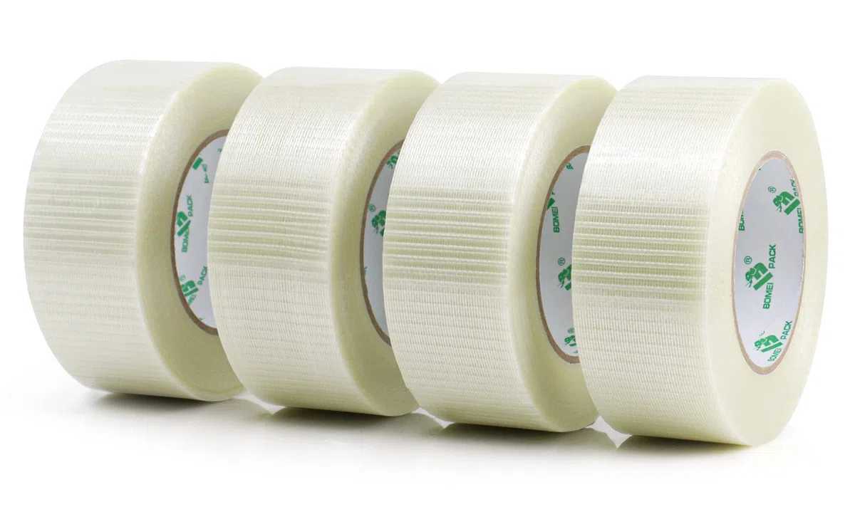 BOMEI PACK 4 Pack Bi Directional Filament Ruban Adhésif, Ruban d'emballage renforcé de fibres filament Renfort et cerclage ruban adhésif robuste adhésif, 50m x 50mm