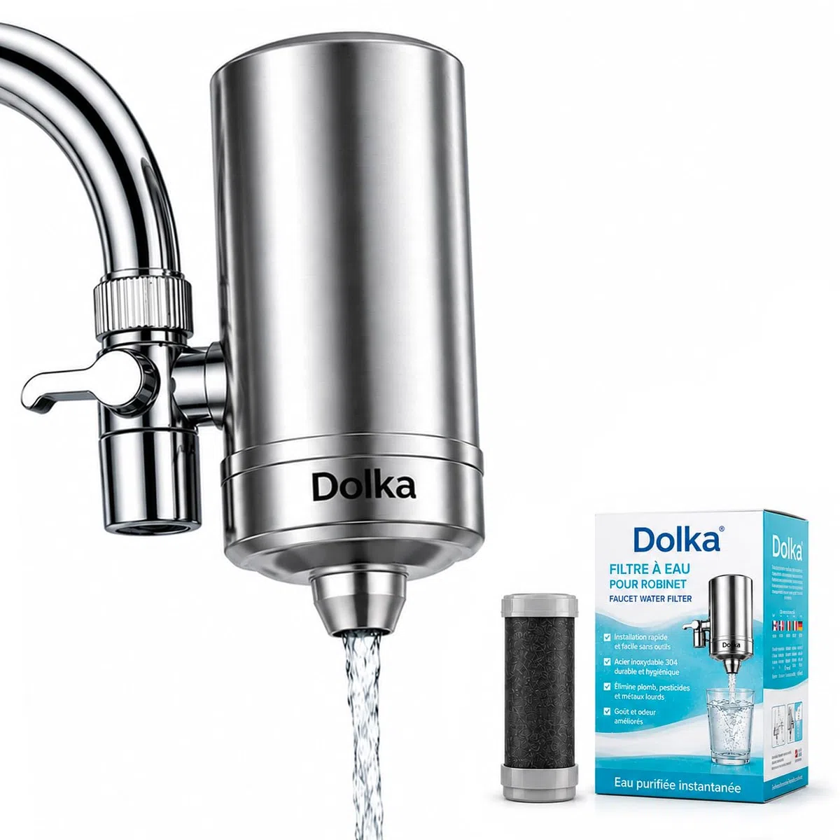 Filtre Eau Robinet Cuisine Dolka – Purificateur Eau Robinet en 100% inox – Eau Filtrée Instantanée – Filtre Eau Maison avec Charbon Actif – Installation Facile Sans Outils