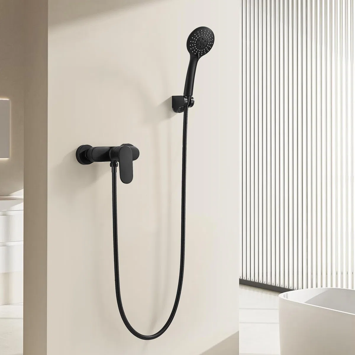 Mitigeur Monocommande Douche Noir avec Douchette, Robinet Douche Mural avec Douchette 3 Jets et Flexible 1.5m