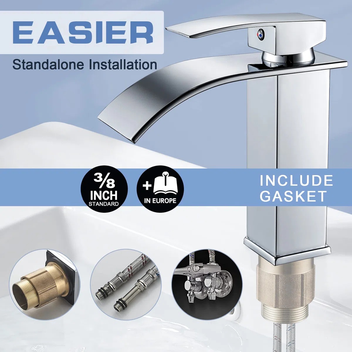 kisimixer Moderne Robinet Salle de Bain Cascade, Design Elégant Robinet Lavabo, Mitigeur Cascade, Eau Chaude et Froide Disponible, Robinetterie Chromé G 3/8, Mitigeur Lavabo sans Tirette de Vidage