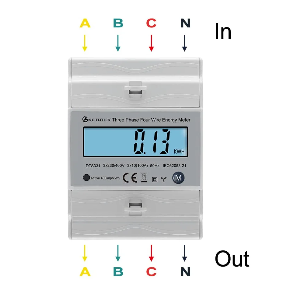 KETOTEK Compteur d'énergie triphasé AC, ampères, volts compteur | wattmètre bidirectionnel, kWh, compteur d'énergie rotatif, 3 x 230 V/400 V, 10 (100) A, DTS331