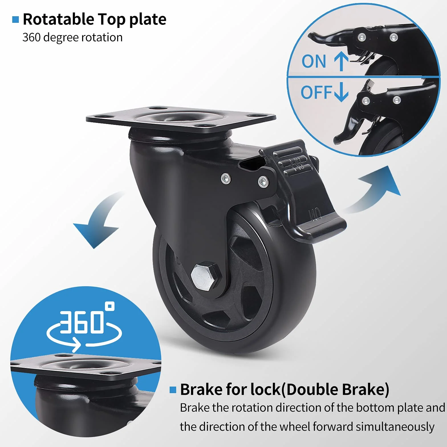 100mm Roulette Pivotante avec Frein, Lot de 4 Roulettes pour Meubles Jusqu'à 600KG, 360 Degrés Roulettes Charge Lourde Polyuréthane Roue de Transport (avec Vis)