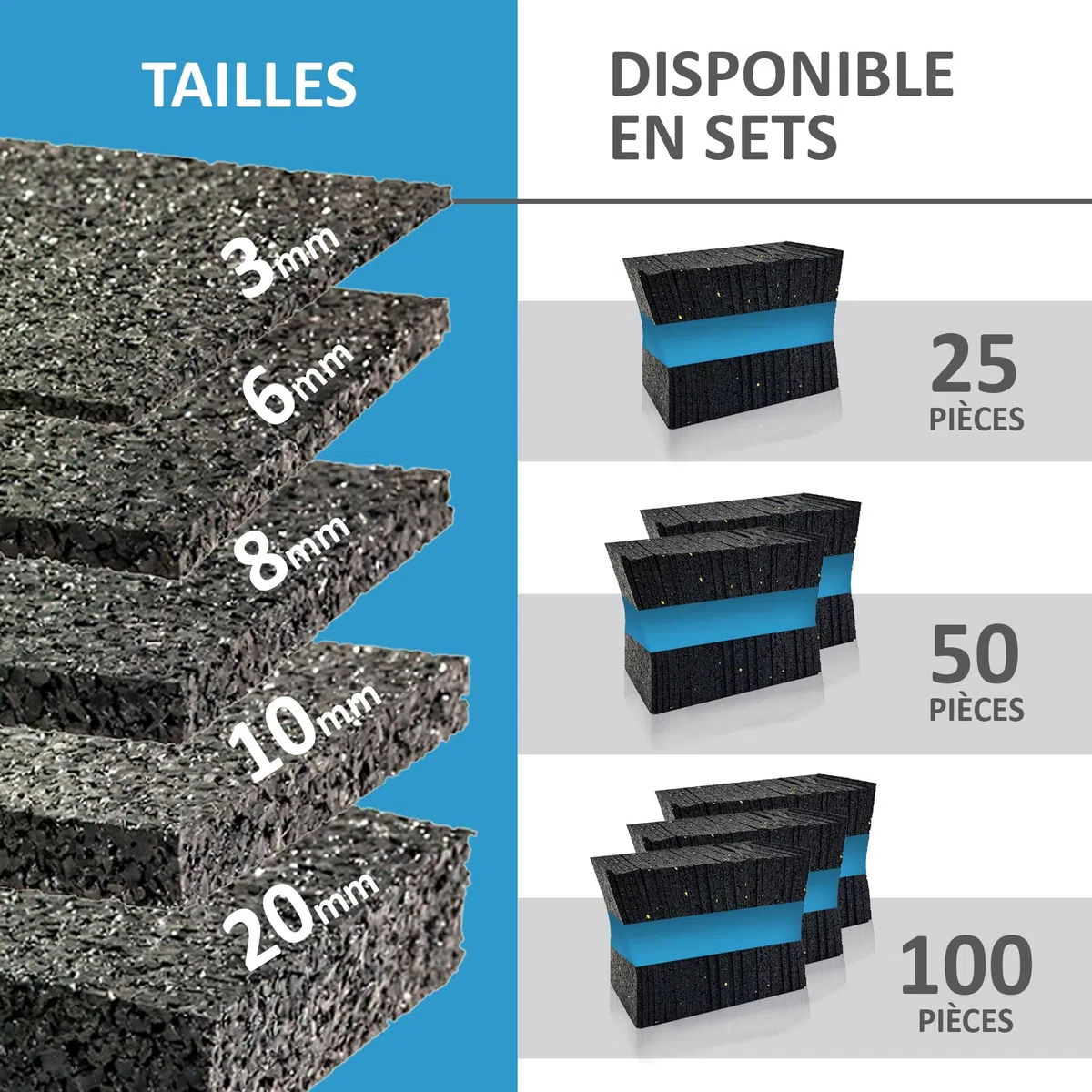 Lot de 50 patins de terrasse 100 x 50 mm x 3 mm 6 mm 8 mm 10 mm 20 mm | Supports en granulés de caoutchouc | Sélectionnez l'épaisseur et la quantité au choix (6 mm I 50 pièces)