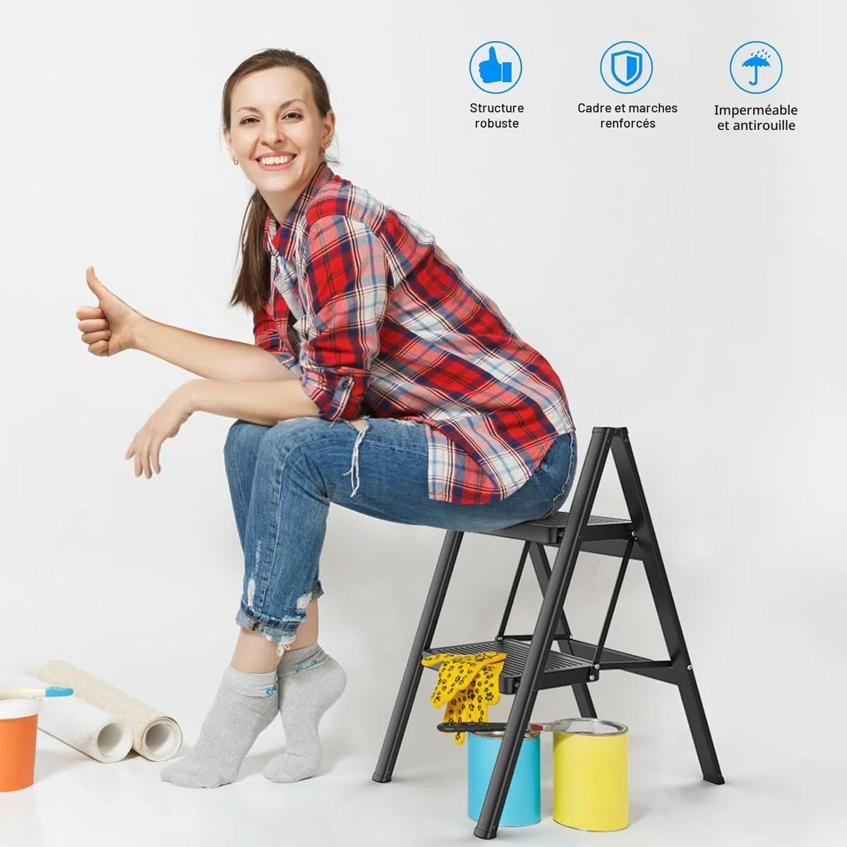 Escabeau pliable à 2 marches pour cuisine, bricolage et jardinage, échelle en acier robuste, capacité de 150 kg avec grande plate-forme antidérapante, escabeau portable et fin, noir